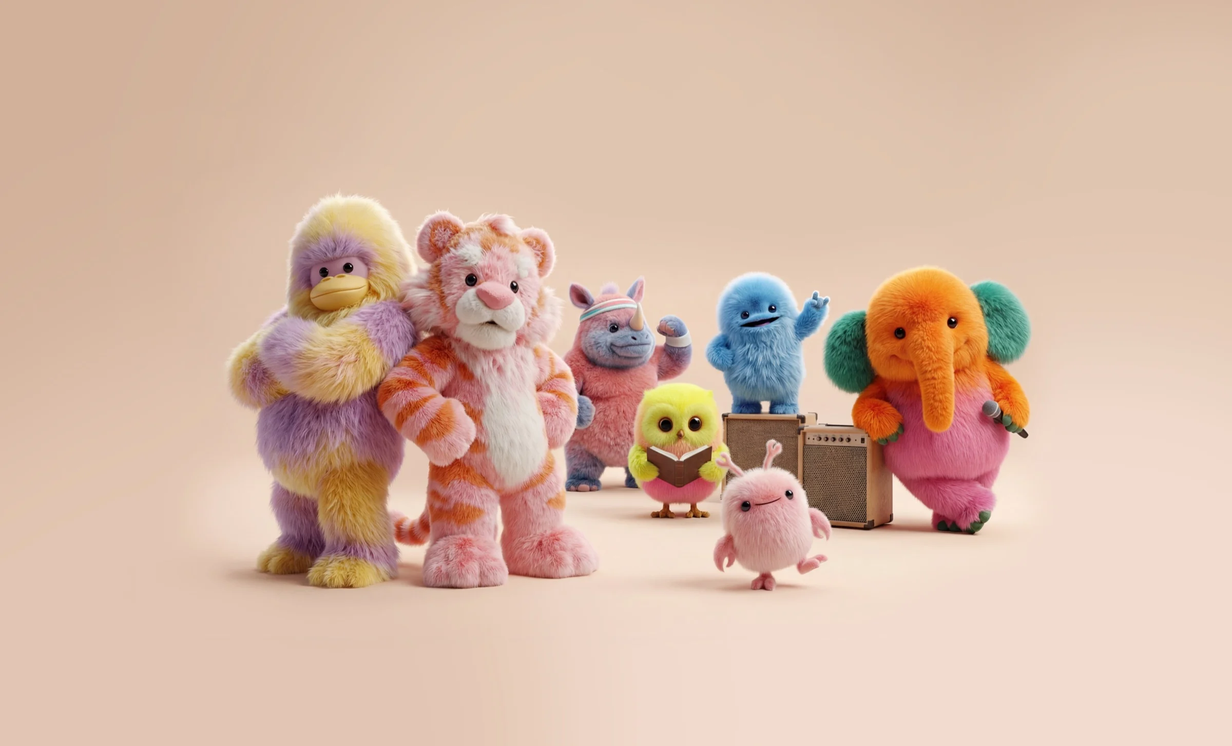 De zeven Fuzzie Friends-karakters bij elkaar