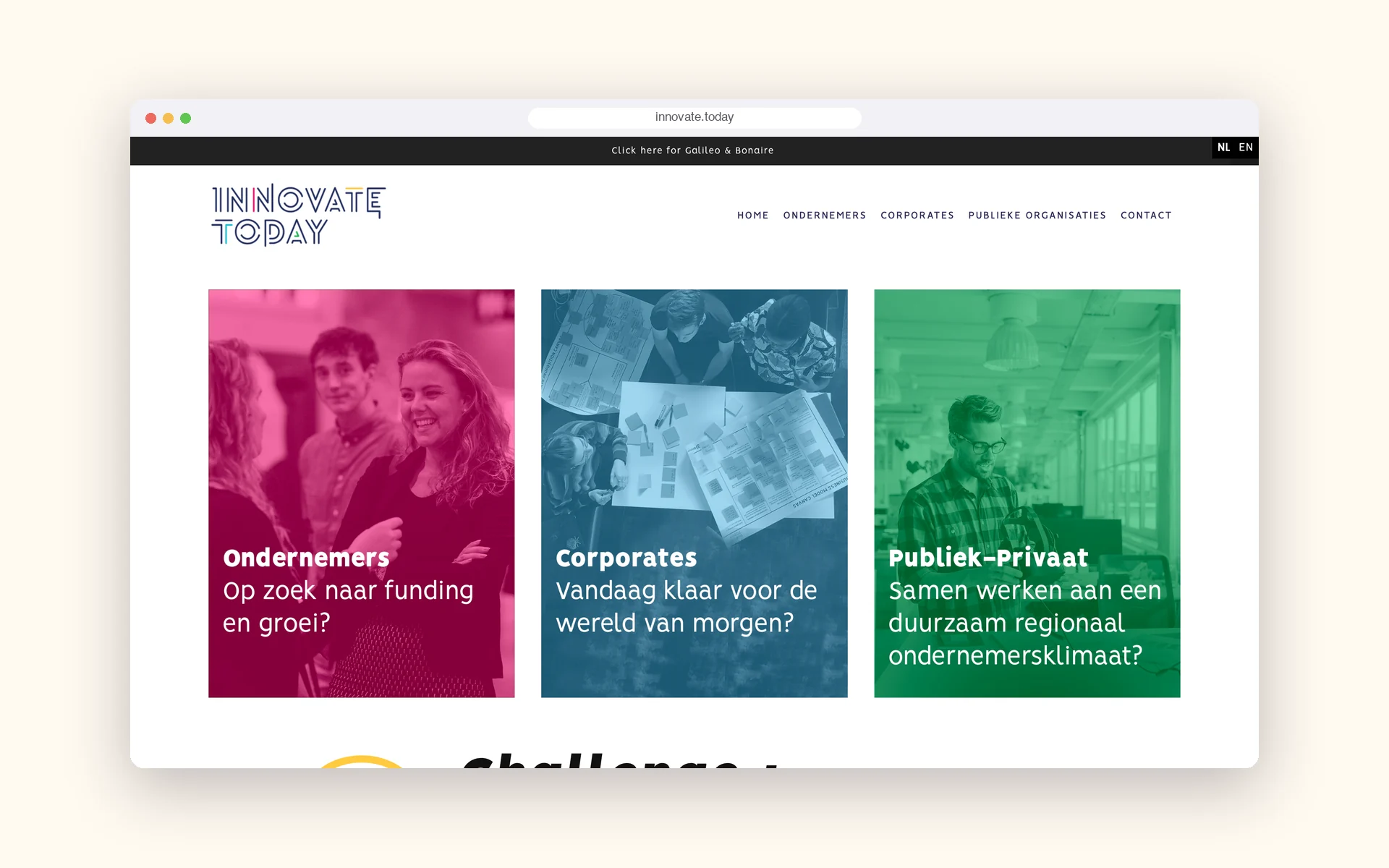 Homepage van innovate.today met drie routes