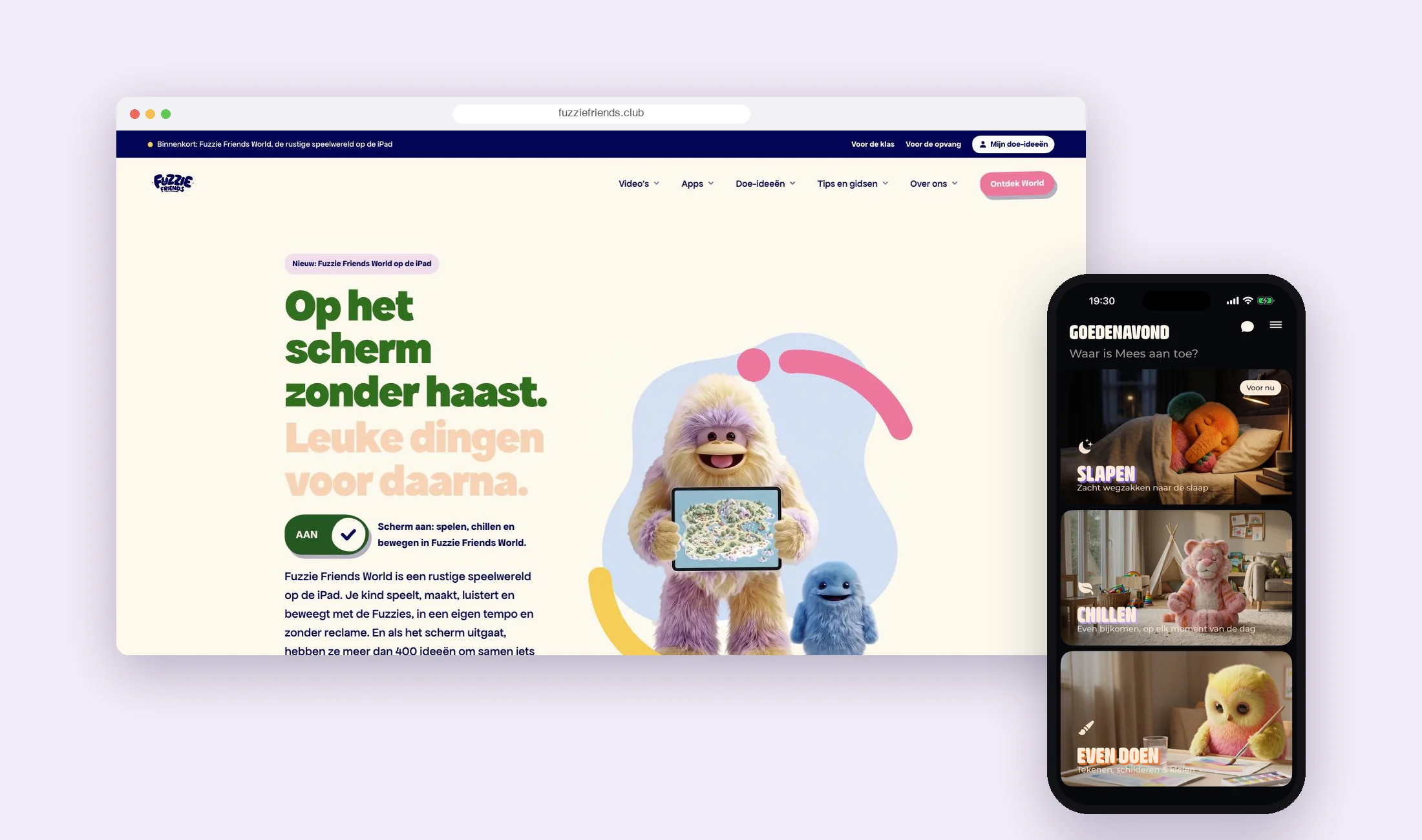 Website fuzziefriends.club in een browservenster en de app Fuzzie Chill op een telefoon, gebouwd door TAPE.cc